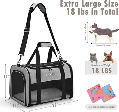 Airline Approved Pet Carrier for Cats & Small Dogs (Up to 18 Lbs) - Soft Sided Travel Carrier with Washable Pad (Grey)