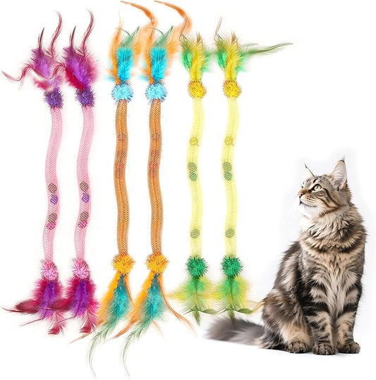 Catnip Toys for Cats – 6-Pack Feather Mesh Tubes with Bells, Interactive Chew Set for Indoor Cats & Kittens