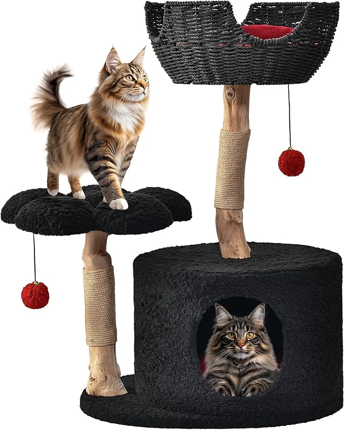 Easyego Modern Cat Tree, Aesthetic Wood Cat Tree Tower for Large Cats, Luxury Cat Condo with Scratching Posts and Flower Platforms, Cat Furniture by Easyego，(Modern Black)