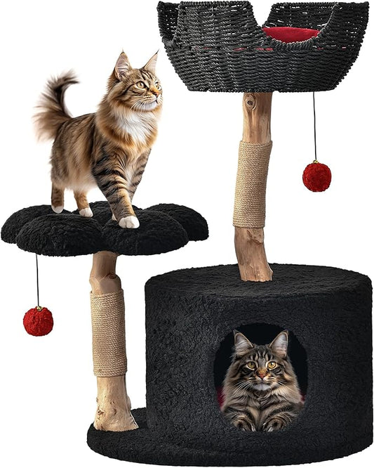 Easyego Modern Cat Tree, Aesthetic Wood Cat Tree Tower for Large Cats, Luxury Cat Condo with Scratching Posts and Flower Platforms, Cat Furniture by Easyego，(Modern Black)