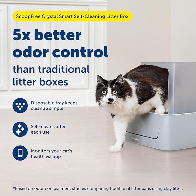 PetSafe ScoopFree Crystal Smart Automatic Litter Box - Uncovered Motion-Sensing Cat Box with Integrated Health Counter & App - Includes 1 Disposable Crystal Litter Tray