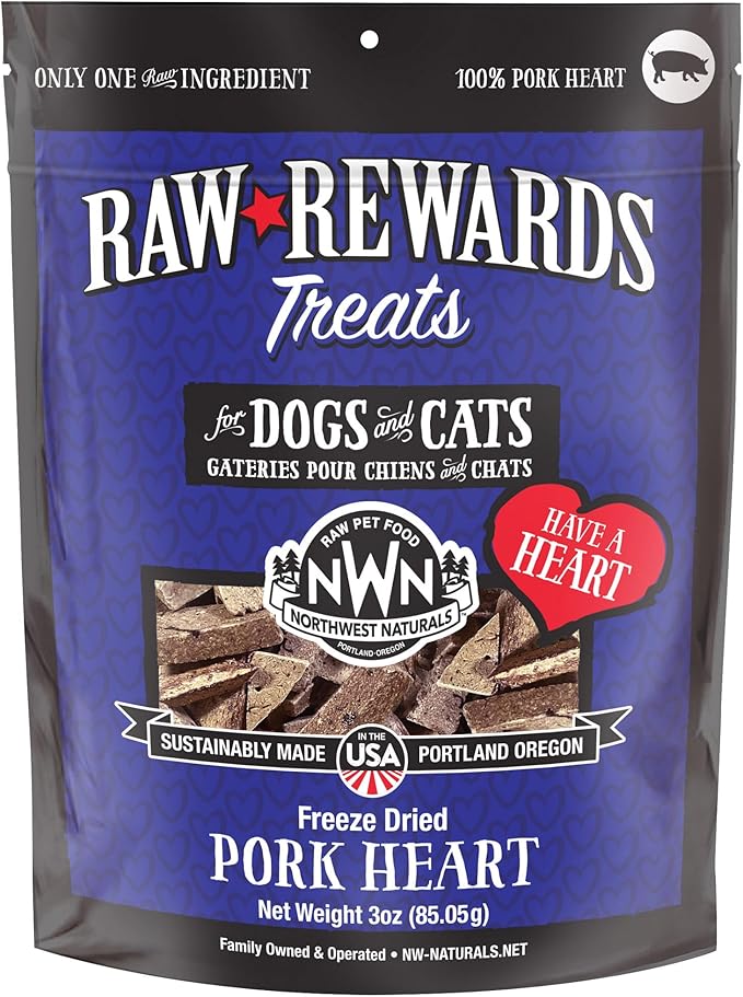 Northwest Naturals Raw Rewards Freeze-Dried Pork Heart Treats for Dogs and Cats - Bite-Sized Pieces - Healthy, 1 Ingredient, Human Grade Pet Food, All Natural, Proudly Made in USA, 3 Oz