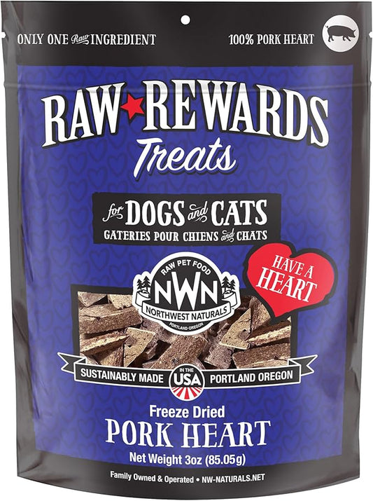 Northwest Naturals Raw Rewards Freeze-Dried Pork Heart Treats for Dogs and Cats - Bite-Sized Pieces - Healthy, 1 Ingredient, Human Grade Pet Food, All Natural, Proudly Made in USA, 3 Oz