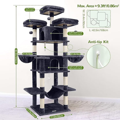 Globlazer Big Cat Tower for Indoor Cats, 80inch Cat Tower for Multiple Adult Cats XXL Cat Tree with Scratching Post, Hammock, 3 Perches, 2 Condos, 2 Hanging Basket, F80, Dark Grey