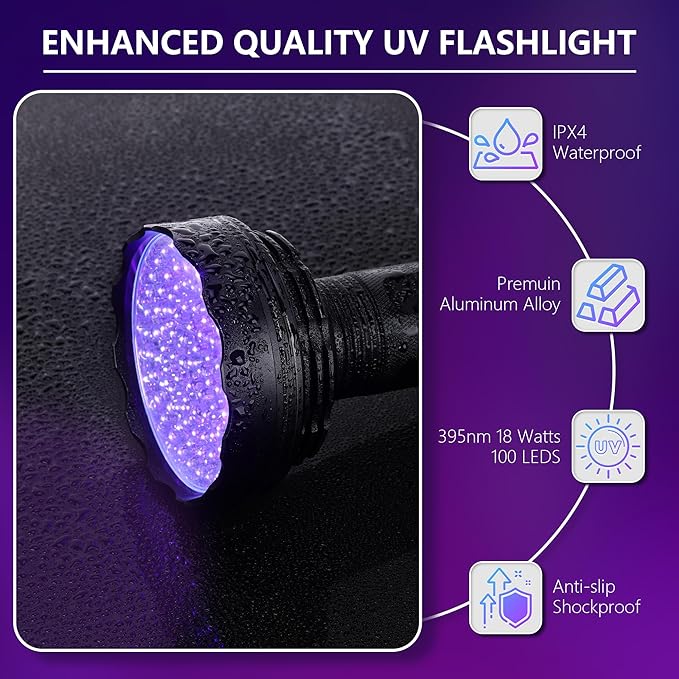 UV Flashlight Black Light, Ultra Bright 100 LED 395 nM Ultraviolet Blacklight Detector with UV Protective Glasses for Dry Pet Dog Cat Urine Stains, Bed Bug, Scorpions Matching with Pet Odor Eliminator