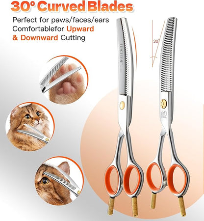 Fenice Peak 6'' Small Curved Thinning Scissors Lightweight Dog Cat Grooming Scissors with Safety Round Tip JP440C Stainless Steel