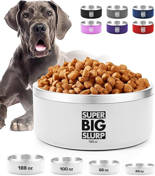 Tuff Pupper Heavy Duty Insulated Dog Bowl | Double Wall Stainless Steel Dog Food Dish | Non-Slip Spill Proof Dishwasher Safe Cat Bowl | Water Dish for Feeding Large Medium Small Pets (188oz, White)