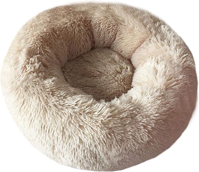 BODISEINT Modern Soft Plush Round Pet Bed for Cats or Small Dogs, Mini Medium Sized Dog Cat Bed Self Warming Autumn Winter Indoor Snooze Sleeping Cozy Kitty Teddy Kennel (20'' D x 8'' H, Champagne)