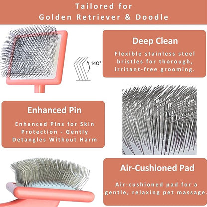 2-in-1 Dog Slicker Brush & Comb for Golden Retriever & Doodle - Easy Detangling & Deshedding, Tailored for Matted Coats of Long Curly Haired Doodle Mixes - Effortless Tangle-Free Grooming