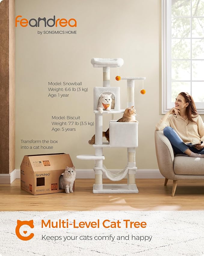 Feandrea Cat Tree, 61-Inch Cat Tower for Indoor Cats, Plush Multi-Level Cat Condo with 5 Scratching Posts, 2 Perches, 2 Caves, Hammock, 2 Pompoms, Cream White UPCT192T01
