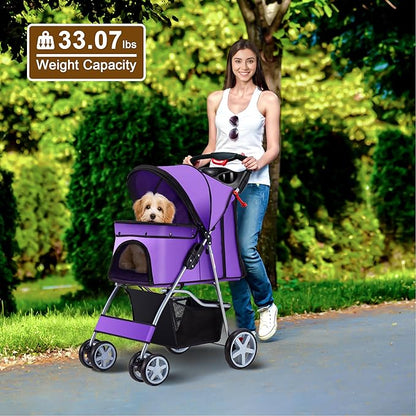 Azaeahom Pet Stroller, 4 Wheels Pet Strolling Cart for Medium/Small Dogs and Cats, Foldable Cat Jogger/Dog Stroller with Cup Holder, Storage Basket, Breathable Mesh, All-Season Pet Carrier, Purple