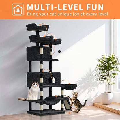 68.5 Inch Tall Cat Tree Tower, Heavy Duty Multi-Level Cat Tower with Scratching Posts, Condo, Plush Perches, Hammocks, Basket & Dangling Balls, Cat Furniture for Indoor Cats