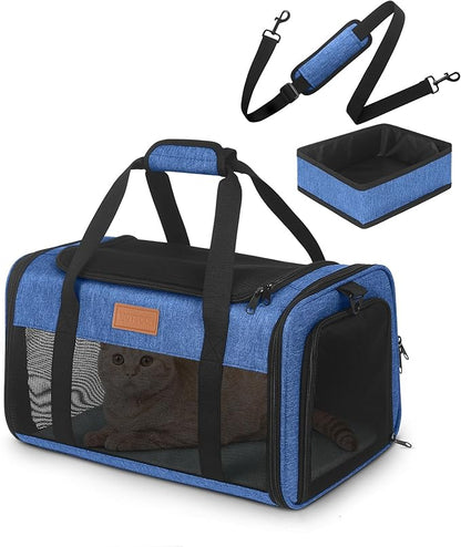 PETUX Airline Approved Cat Carrier or Small Cat up to 12 lb - 17x11x9.5 in Underseat, Top & Side Entry Pet Carrier with Breathable Anti-Scratch Mesh & Litter Box for Travel and Vet Visit - Blue