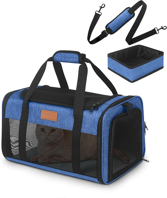 PETUX Airline Approved Cat Carrier or Small Cat up to 12 lb - 17x11x9.5 in Underseat, Top & Side Entry Pet Carrier with Breathable Anti-Scratch Mesh & Litter Box for Travel and Vet Visit - Blue