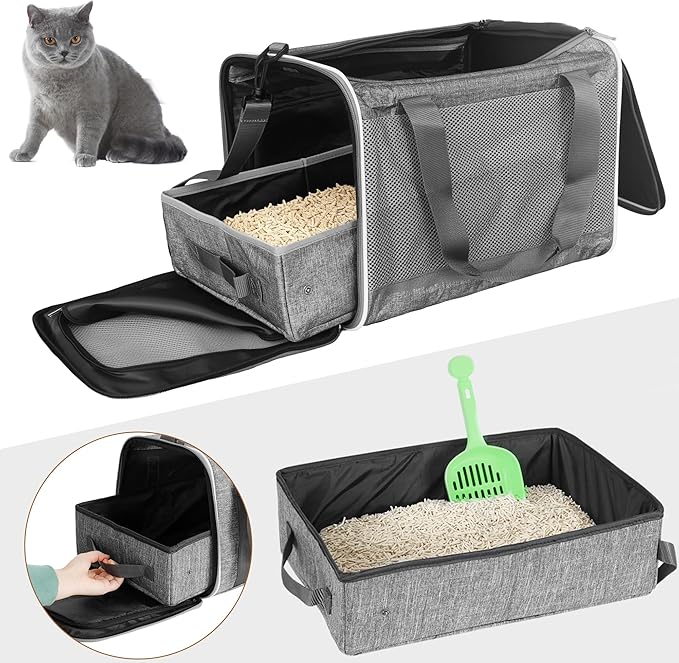 HiCaptain Cat Travel Carrier Bag with Litter Box, Portable Soft Cat Carrier Bag Lightweight Leak-Proof Collapsible Litter Box for Cats, Fits for Kitten up to 15 lb to Travel, Camping, Hiking, or Hotel