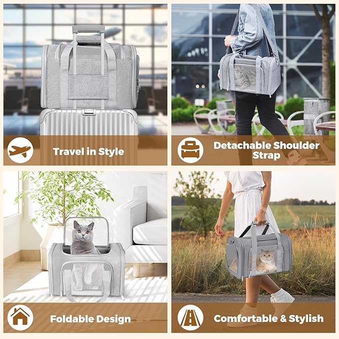 Cat Carrier Soft for Pets Up to 15 Lbs, Cat Travel Bag Soft-Sided with Padded Shoulder Strap, Pet Dog Carriers for Small Dogs Travel Puppy Carry Airline Approved, Grey