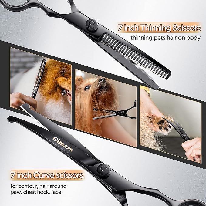 Gimars 7inch Professional 4CR Stainless Steel 6 in 1 Grooming Scissors for Dogs with Safety Round Tip, Heavy Duty Titanium Coated Pet Grooming Scissor for Dogs, Cats and Other Animals
