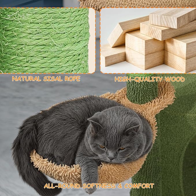 Athena Collection Small Cat Tree Tower with Scratching Post, 42 Inch Modern Cute Cat Tree Condo with Cozy Perch Basket Hanging Ball Climbing Ramp for Kittens Indoor Climbing, Green