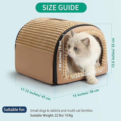 Smart Heated Cat Bed Cave Pet House for Indoor Cats & Small Dogs, Washable & Foldable with Removable Cushion, 17.72x14.96x12.6 inches, Brown