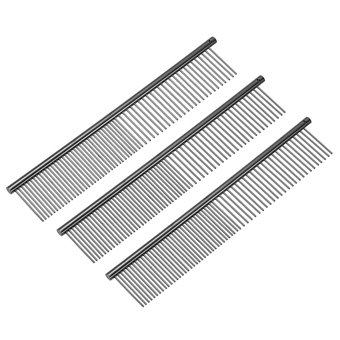 Dog Cat Comb, Pet Combs Stainless Steel Teeth with Rounded Ends for Knots Mats Loose Hair Removal, 7.5IN (Black Plated, 3 Pack), Grooming Tool Intended for Long Curly Hair Pet