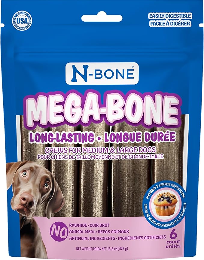N-Bone Mega-Bone Long-Lasting Dog Chews, Blueberry Pumpkin Muffin Flavor, 6count, 16.8oz
