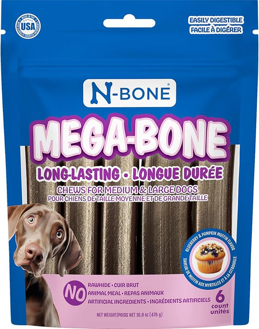 N-Bone Mega-Bone Long-Lasting Dog Chews, Blueberry Pumpkin Muffin Flavor, 6count, 16.8oz