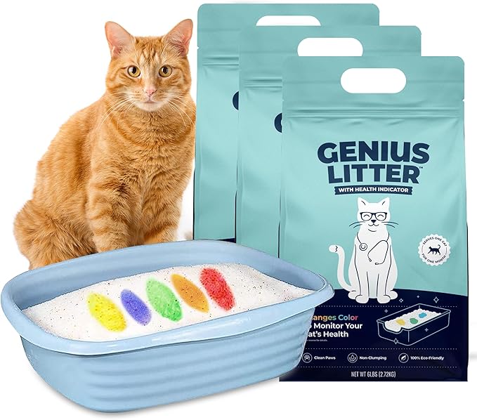 Genius Litter Health Monitoring Cat Litter, Featured on Shark Tank, Lightweight Crystal Silica Gel, Non Clumping, Dust Free, Low Tracking, Odor Control for Indoor Cats and Kittens, 3 Bag (18lb)