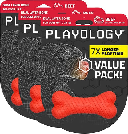Playology Dog Toys | Dual Layer Bone Chew Toy Bone for Dogs (Value 3-Pack) | Small Beef Scented Toy - Easy to Clean and Made from Non Toxic Materials