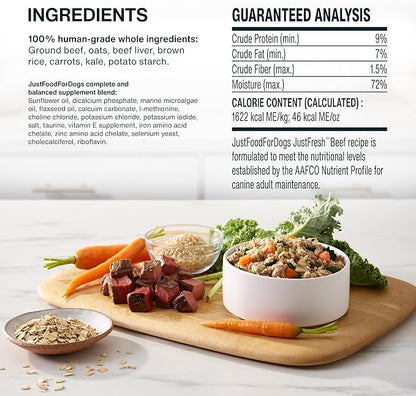 JustFoodForDogs JustFresh Wet Dog Food, Fresh Pet Meals and Toppers with No Preservatives, Resealable Package, Human Grade, Home-Cooked Beef, 12 oz - 7 Pack