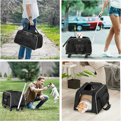 Petsfit Cat Carrier with Wheels Airline Approved, Pet Dog Carrier with Wheels for Small Dogs, Rolling Cat Carrier for Cats Puppy Stroller Detachable and Foldable Pet Travel Bag, Black&Green