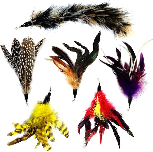 Pet Fit For Life - 6 Piece Kitten Toy Refill Pack - Replacement for Indoor Cat's Interactive Wand and Catch Wand - Features 5 Assorted Feathers, 1 Furry Tail Attachments