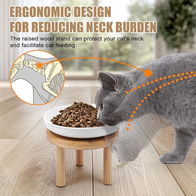 Shallow Elevated Cat Bowls with Bamboo Stand, 5.9 Inch Wide Ceramic Cat Dish Whisker Friendly,Pet Food and Water Plates