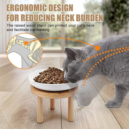 Shallow Elevated Cat Bowls with Bamboo Stand, 5.9 Inch Wide Ceramic Cat Dish Whisker Friendly,Pet Food and Water Plates