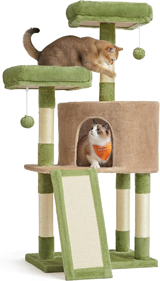 Feandrea Cat Tree Tower, 45.3-Inch Cat Condo with Scratching Post, Ramp, Perch, Spacious Cave, for Small Spaces, Grass Green and Camel Brown UPCT141CB03