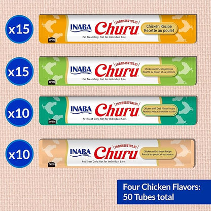 INABA Churu Cat Treats, Grain-Free, Lickable, Squeezable Creamy Purée Cat Treat/Topper with Vitamin E & Taurine, Each 0.5 Ounce (Pack of 50), 50 Tubes, Chicken & Seafood Variety