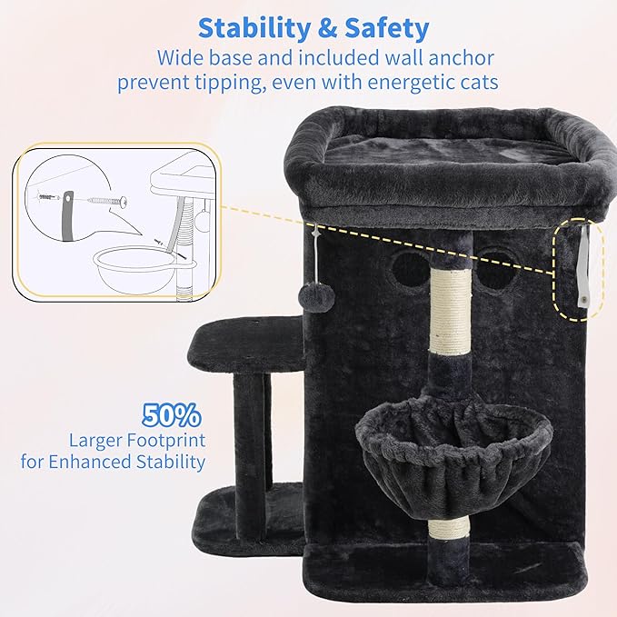 Heybly Cat Tree, 25.6-inch Cat Tower with Spacious Top Perch for Large Cats, Stair-Style Cat House Furniture with Dual-Layer Condos, Sisal Scratching Posts, Cozy Basket & Pompom, Smoky Gray HCT204SG