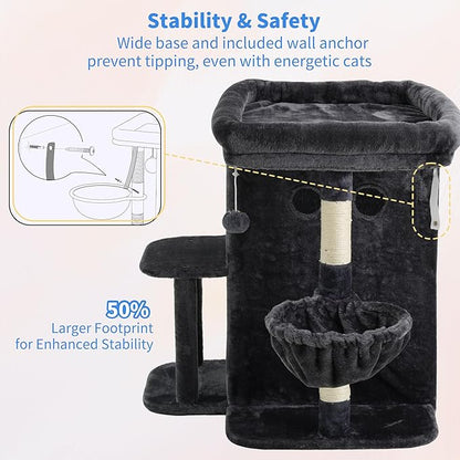 Heybly Cat Tree, 25.6-inch Cat Tower with Spacious Top Perch for Large Cats, Stair-Style Cat House Furniture with Dual-Layer Condos, Sisal Scratching Posts, Cozy Basket & Pompom, Smoky Gray HCT204SG