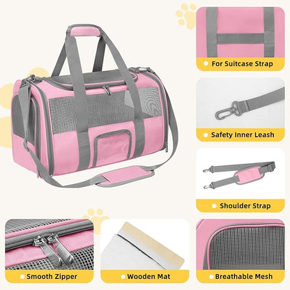 Soft Side Cat Carrier Airline Approved for Puppy Kitten Dog Carriers for Small Medium Cats Under 15lb, Collapsible TSA Approved Travel Pet Carrier, Pink with Grey