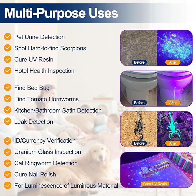 Black Light UV Light Flashlight: Vansky 395nm 12 LED 2 Pack Ultraviolet Blacklight Flashlight Mini Powerful Pet Urine Detector for Dog/Cat, Carpet Dry Stains Detection, Spot Scorpions, Resin Curing
