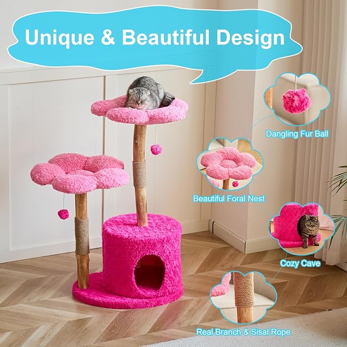 Modern Cat Tree Tower with Real Branch | Luxury Cat Condo for Large Cats | Wooden Cat Tower | Cat Scratching Tree for Cat Lover Gift （Pink ）