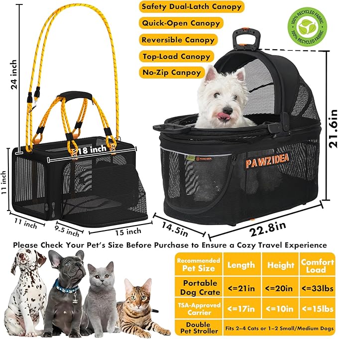 PAWZIDEA Double Pet Stroller with 2 Detachable Carriers, Portable Dog Crate for Car Travel & TSA-Approved Expandable Cat Carrier, Foldable Lightweight Jogger Stroller for 2–4 Cats or Small/Medium Dogs