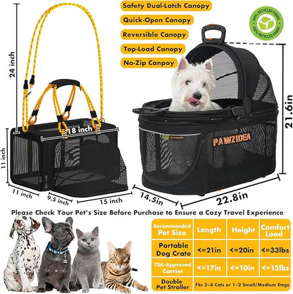 PAWZIDEA Double Pet Stroller with 2 Detachable Carriers, Portable Dog Crate for Car Travel & TSA-Approved Expandable Cat Carrier, Foldable Lightweight Jogger Stroller for 2–4 Cats or Small/Medium Dogs