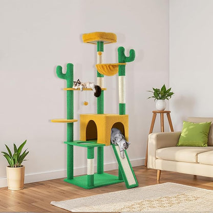 YITAHOME Tall Cactus Cat Tree: 68 in Cats Tower Activity Center with Sisal Posts, Hanging Balls, Nest, Pet Climbing Furniture Ideal for Indoor Kittens, Green & Yellow