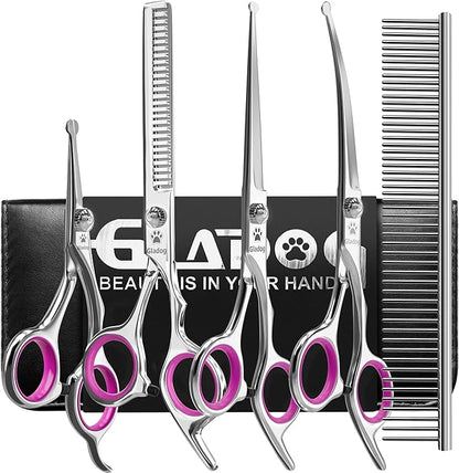 GLADOG Dog Grooming Scissors Kit with Safety Round Tips, Professional 6 in 1 Grooming Scissors for Dogs, Sharp and Heavy-duty Dog Grooming Shears for Dogs Cats Pets (Pink)