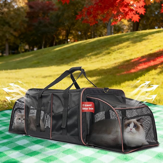 Cat Carrier for 2 Cats - INRLKIT Cat Carrier with Litter Box, Portable Dual Cat Travel Carrier Bag for Traveling, Large Double Cat Travel Carrier for Car, Pet Carrier Bag (Black)