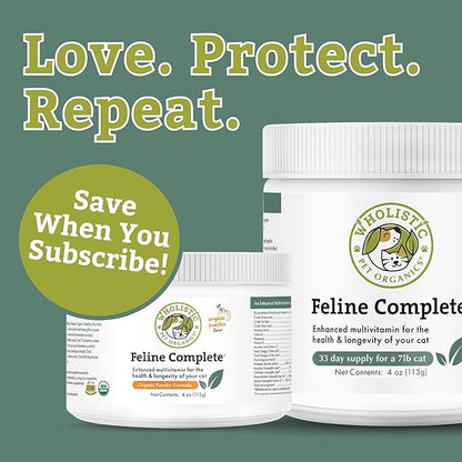 Wholistic Pet Organics Feline Complete Organic Pumpkin - 4 Oz - Multivitamin & Probiotic Powder for Cats - Natural Cat Food & Digestive Support