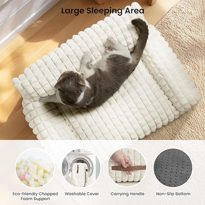 Cat Beds for Indoor Cats - Cute Cat Couch Bed Fluffy Pet Sofa with Faux Rabbit Fur Washable Cover, Fuzzy Pet Couch in 3D Diamond Pattern, Suppportive Large & Small Cats Sofa, 24inch Off White