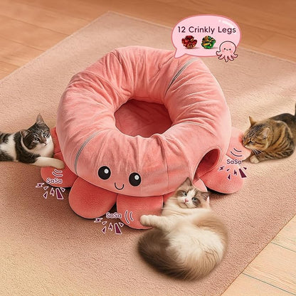Cat Tunnel Bed for Indoor Cats, Peekaboo Cat Cave Bed,Soft Cat Donut Tunnel for Kitten Large Cats, Cute Pink Octopus Shaped