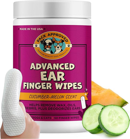 Advanced Pet Ear Finger Wipes for Dogs & Cats - Non-Irritating Pet Finger Wipes, Ear Cleaner for Dogs & Cats - Helps Reduce Wax Buildup, Debris, and Odor with Cucumber Melon Scent - 50ct