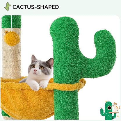 YITAHOME Tall Cactus Cat Tree: 68 in Cats Tower Activity Center with Sisal Posts, Hanging Balls, Nest, Pet Climbing Furniture Ideal for Indoor Kittens, Green & Yellow